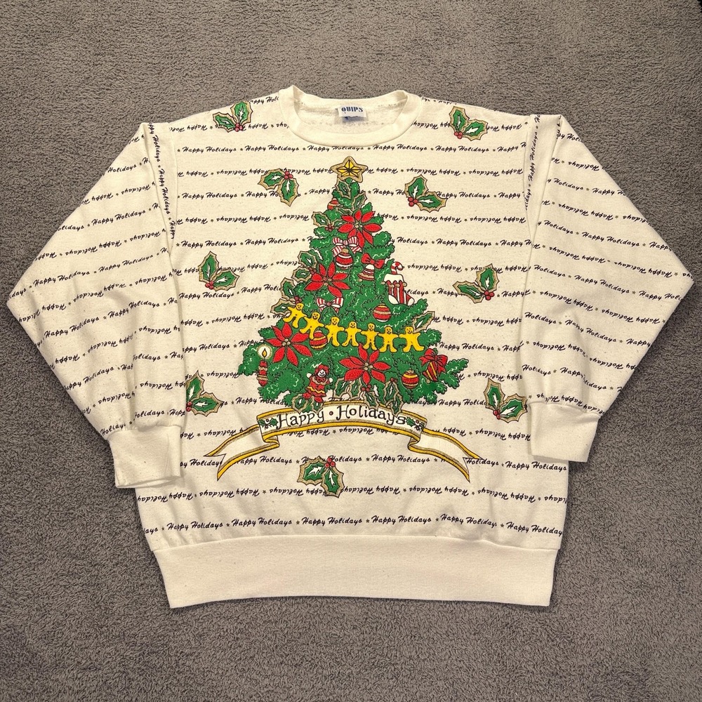 VTG QUIPS Christmas Sweater Womens Large White Happy Holidays Ugly Puff Paint‎